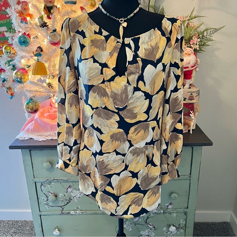 Anthropologie‎ Watercolor Floral Navy Yellow Long Sleeve Tunic Blouse Sz 2